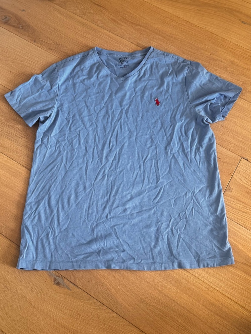 Polo Ralph Laure Light Blue V-Neck T‑Shirt with Red Logo Large